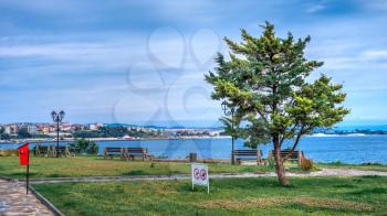 Nessebar, Bulgaria – 07.10.2019.  Embankment and Boulevard in the old town of Nessebar, Bulgaria, on a cloudy summer morning