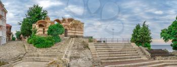Nessebar, Bulgaria – 07.10.2019.  Ruins of Ancient theatre in the old town of Nessebar, Bulgaria, on a cloudy summer morning