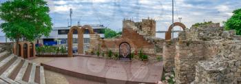 Nessebar, Bulgaria – 07.10.2019.  Ruins of Ancient theatre in the old town of Nessebar, Bulgaria, on a cloudy summer morning