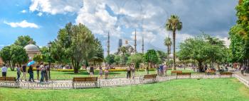 Istambul, Turkey – 07.12.2019. The Sultan Ahmad Maydan with the Blue Mosque in background on a cloudy summer day, Istanbul, Turkey