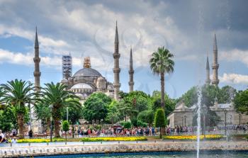 Istambul, Turkey – 07.12.2019. Sultan Ahmed Park in Istanbul, Turkey, on a cloudy summer day