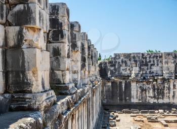Ruins of the interior of the temple of Apollo at Didyma. Panoramic view on a sunny summer day