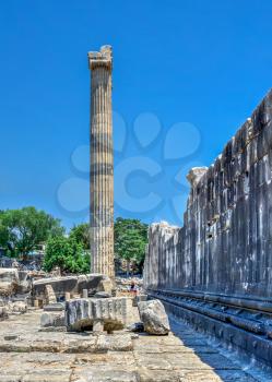 Didyma, Turkey – 2019-07-20. Broken Columns in the Temple of Apollo at Didyma, Turkey, on a sunny summer day