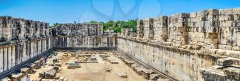 Didyma, Turkey – 2019-07-20.  Ruins of the interior of the temple of Apollo at Didyma. Panoramic view on a sunny summer day