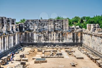 Didyma, Turkey – 2019-07-20. Ruins of the interior of the temple of Apollo at Didyma. Panoramic view on a sunny summer day