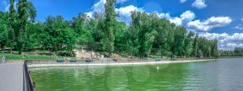 Chisinau, Moldova – 06.28.2019. Embankment of Valea Morilor Lake in Chisinau, Moldova, on a sunny summer day
