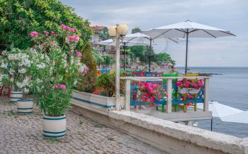 Nessebar, Bulgaria – 07.10.2019.  Restaurants and bars on the promenade of the old town of Nessebar, Bulgaria