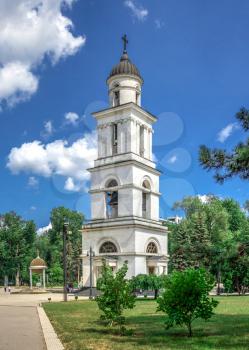 Chisinau, Moldova – 06.28.2019. Bell tower in the Chisinau Cathedral Park, Moldova, on a sunny summer day