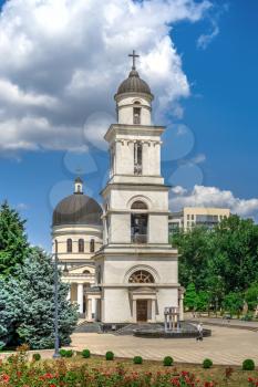 Chisinau, Moldova – 06.28.2019. Bell tower in the Chisinau Cathedral Park, Moldova, on a sunny summer day