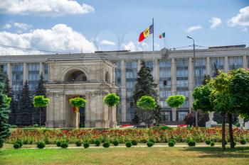 Chisinau, Moldova – 06.28.2019. Triumphal arch in the center of Chisinau, capital of Moldova, on a sunny summer day
