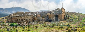 Pamukkale, Turkey – 07.15.2019. Hierapolis Ancient Theatre in the Ancient city on a sunny summer day