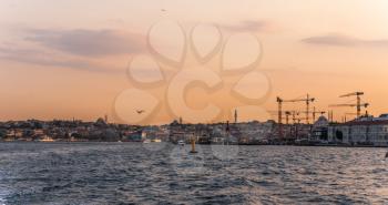Istambul, Turkey – 07.12.2019. Panoramic view from the sea to the city of Istanbul at sunset