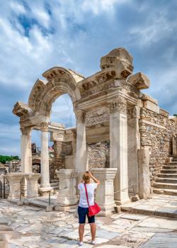 Ephesus, Turkey – 07.17.2019.Temple of Hadrian ruins in antique Ephesus city, Turkey, on a sunny summer day