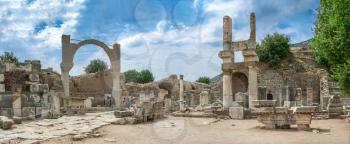 Ephesus, Turkey – 07.17.2019. Ruins of The Domitian square and Domitian Temple in antique Ephesus city, Turkey, on a sunny summer day