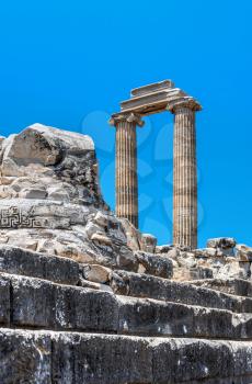Broken Ionic Columns in the Temple of Apollo at Didyma, Turkey, on a sunny summer day
