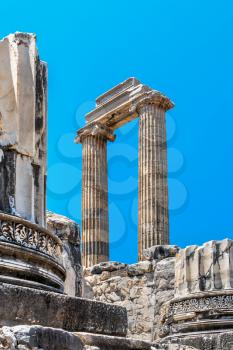 Broken Ionic Columns in the Temple of Apollo at Didyma, Turkey, on a sunny summer day