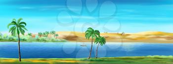 Palm trees on the banks of the Nile river in Egypt on a sunny summer day. Digital painting, illustration.
