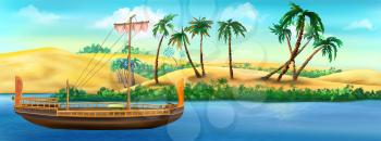 Ancient papyrus boat on the banks of the Nile river in Egypt on a sunny summer day. Digital painting, illustration.