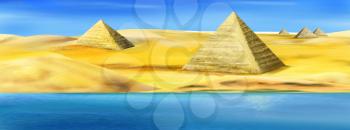 Ancient Pyramids on the banks of the Nile river in Egypt on a sunny summer day. Digital painting, illustration.
