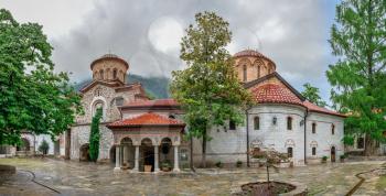Asenovgrad, Bulgaria 24.07.2019. The Cathedral Church of the Virgin Mary in the Bachkovo Monastery of the Dormition of the Theotokos or Assumption of holy virgin in southern Bulgaria, on a cloudy summer day