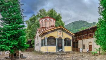 Asenovgrad, Bulgaria 24.07.2019. The Temple of the St. Nicolas in the Bachkovo Monastery of the Dormition of the Theotokos or Assumption of holy virgin in southern Bulgaria, on a cloudy summer day