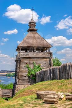 Zaporozhye, Ukraine 07.20.2020. Fortification Watchtower in the National Reserve Khortytsia in Zaporozhye, Ukraine, on a sunny summer day