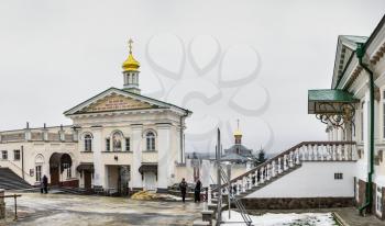 Pochaev, Ukraine 01.04.2020.  Holy Dormition Pochaev Lavra in Pochaiv, Ukraine, on a gloomy winter morning before Orthodox Christmas