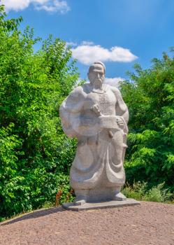 Zaporozhye, Ukraine 07.20.2020. Monument to the Zaporozhye Cossack in the National Reserve Khortytsia in Zaporozhye, Ukraine, on a sunny summer day