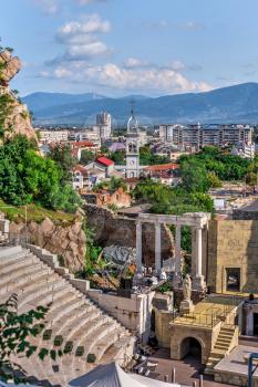 Plovdiv, Bulgaria - 07.24.2019. Ancient Roman amphitheater in Plovdiv, Bulgaria. Big size panoramic view on a sunny summer day