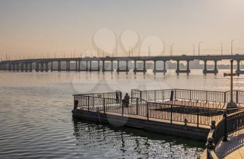 Dnipro, Ukraine 07.18.2020. Central bridge in the city of Dnipro, Ukraine, on a sunny summer morning
