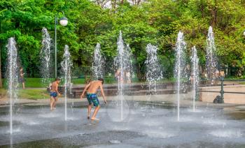 Plovdiv, Bulgaria - 07.24.2019. Singing Fountains in the Tzar Simeon Garden in Plovdiv, Bulgaria, the main street on a sunny summer day