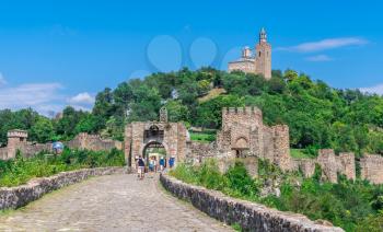 Veliko Tarnovo, Bulgaria – 07.25.2019. Entrance to Tsarevets fortress with the Patriarchal Cathedral of the Holy Ascension of God in Veliko Tarnovo, Bulgaria, on a sunny summer day