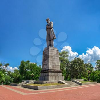 Dnipro, Ukraine 07.18.2020. Monument to Taras Shevchenko Monastery island in Dnipro, Ukraine, on a sunny summer day