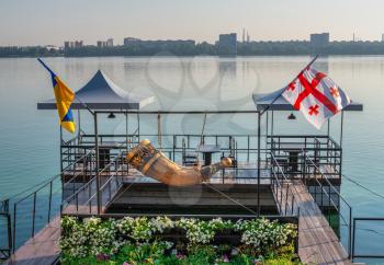 Dnipro, Ukraine 07.18.2020. Goretz restaurant on the Dnipro embankment on a sunny summer morning