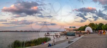 Dnipro, Ukraine 07.18.2020. Embankment in Dnipro city, Ukraine, on a sunny summer evening