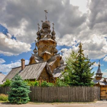 Svyatogorsk, Ukraine 07.16.2020.  Wooden All Saints skete, a part of the Svyatogorsk Lavra in Ukraine, on a sunny summer day