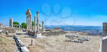 Pergamon, Turkey -07.22.2019. Ruins of the Temple of Dionysos in the Ancient Greek city Pergamon, Turkey. Big size panoramic view