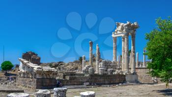 Pergamon, Turkey -07.22.2019. Ruins of the Temple of Dionysos in the Ancient Greek city Pergamon, Turkey. Big size panoramic view