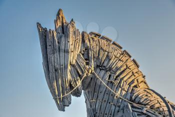 Canakkale, Turkey – 07.23.2019.  Statue of the Trojan horse in Canakkale on a summer morning