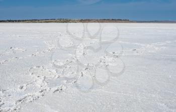 White Salty drying lake under the blue sky in Rybakovka, Odessa region, Ukraine.