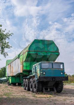 Pobugskoe, Ukraine 09.14.2019. Rocket SS 18 Satan transporter to the launch mine in Soviet Strategic Nuclear Forces Museum, Ukraine, on a sunny day