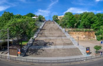 Odessa, Ukraine 06.06.2020.  The Potemkin Stairs, or Potemkin Steps the entrance into the city, the best known symbol of Odessa, Ukraine