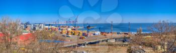 Odessa, Ukraine 03.09.2020. Container Terminal of Cargo Port of Odessa, Ukraine, on a sunny spring day