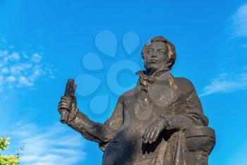 Berdyansk, Ukraine 07.23.2020. Monument to Alexander Pushkin in Berdyansk city, Ukraine, on a summer morning