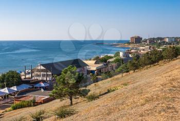 Chernomorsk, Ukraine 08.22.2020. Panoramic view of the Public beach in Chernomorsk city on a sunny summer morning