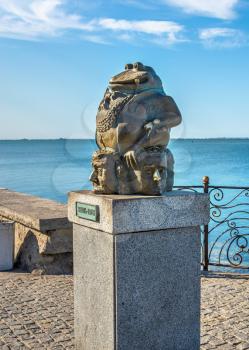 Berdyansk, Ukraine 07.23.2020. Monument to the toad on the embankment of Berdyansk, Ukraine, on a sunny summer morning