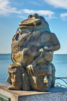 Berdyansk, Ukraine 07.23.2020. Monument to the toad on the embankment of Berdyansk, Ukraine, on a sunny summer morning