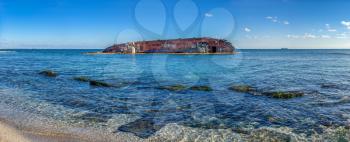 Odessa, Ukraine 12.04.2019. Panoramic sea view with grounded tanker off the coast of Odessa, on a sunny winter day