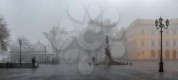 Odessa, Ukraine 11.28.2019.   Primorsky Boulevard in Odessa, Ukraine, on a foggy autumn day