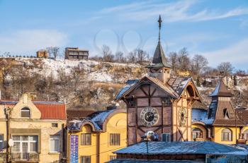 Chortkiv, Ukraine 01.06.2020. City centre and the old Town Hall in Chortkiv, Ukraine, on a sunny winter day